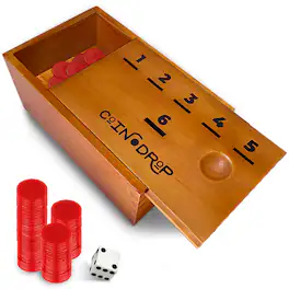 Swooc Games - Coin Drop - Simple + Strategic Dice Games For Families with Coins Included For 2-6 Players - Works With Pennies Too - Brown
