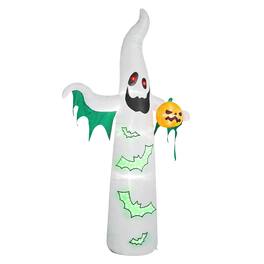Sunoyar - 12FT Halloween Inflatable Ghost & Bats LED Yard Decor w/82 String Lights & 4 Spotlights Plug-in Outdoor Lawn Decoration - White