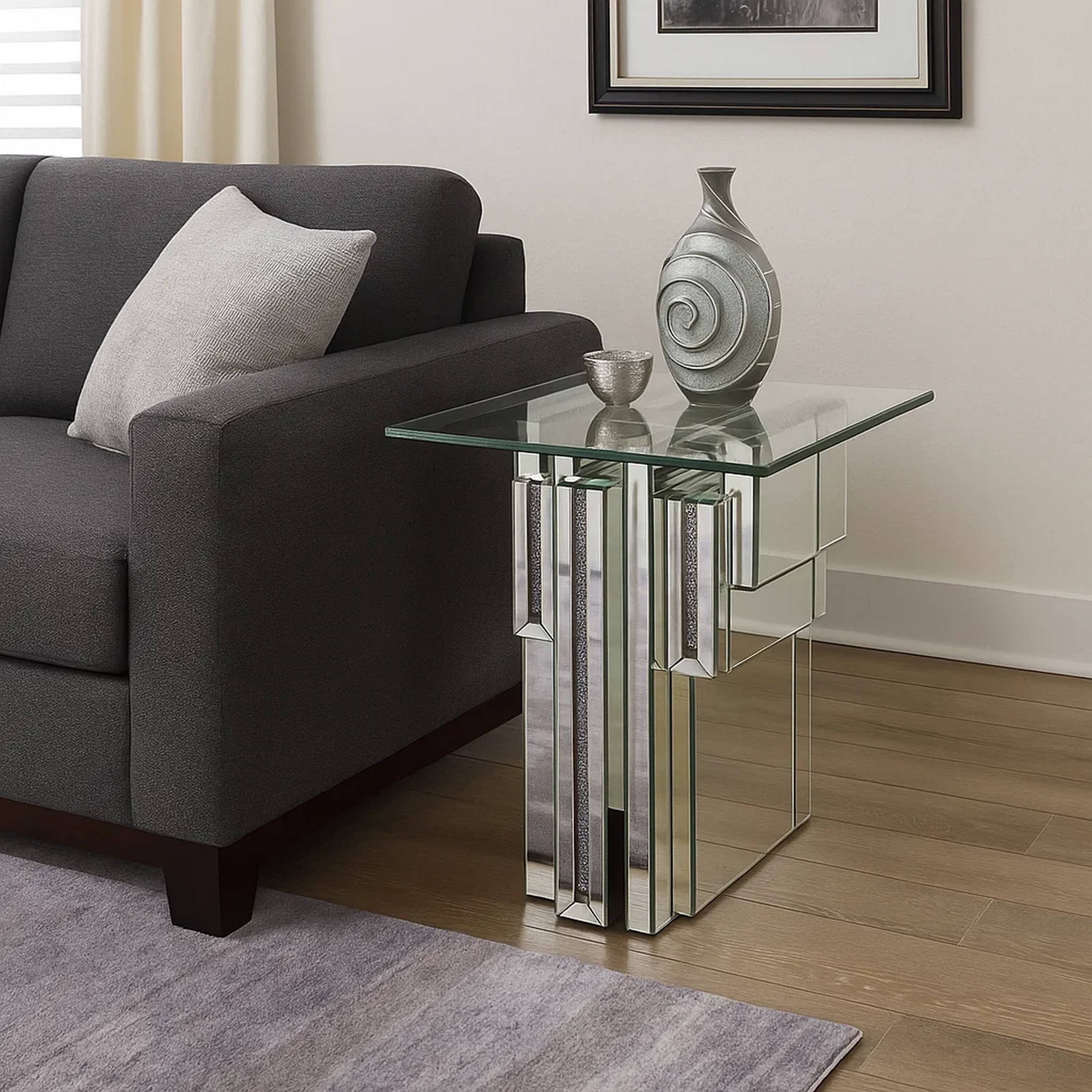 Alt View 5. Manhattan Lane - Glass Top End Table with Mirror Panels and Faux Gemstone Accents - Silver.