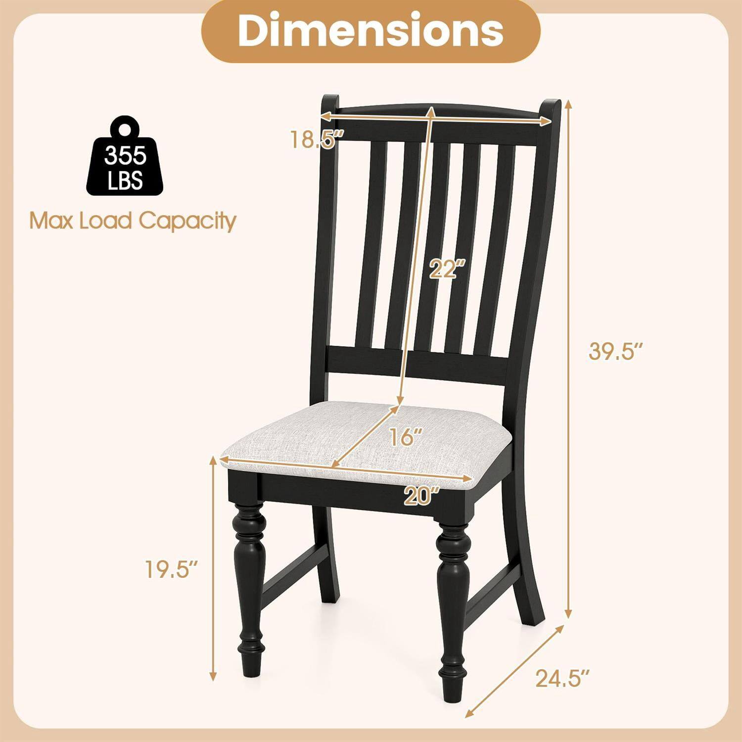 Dimensions:  
- 355 LBS Max Load Capacity  
- 18.5"  
- 22"  
- 39.5"  
- 16"  
- 20"  
- 19.5"  
- 24.5"