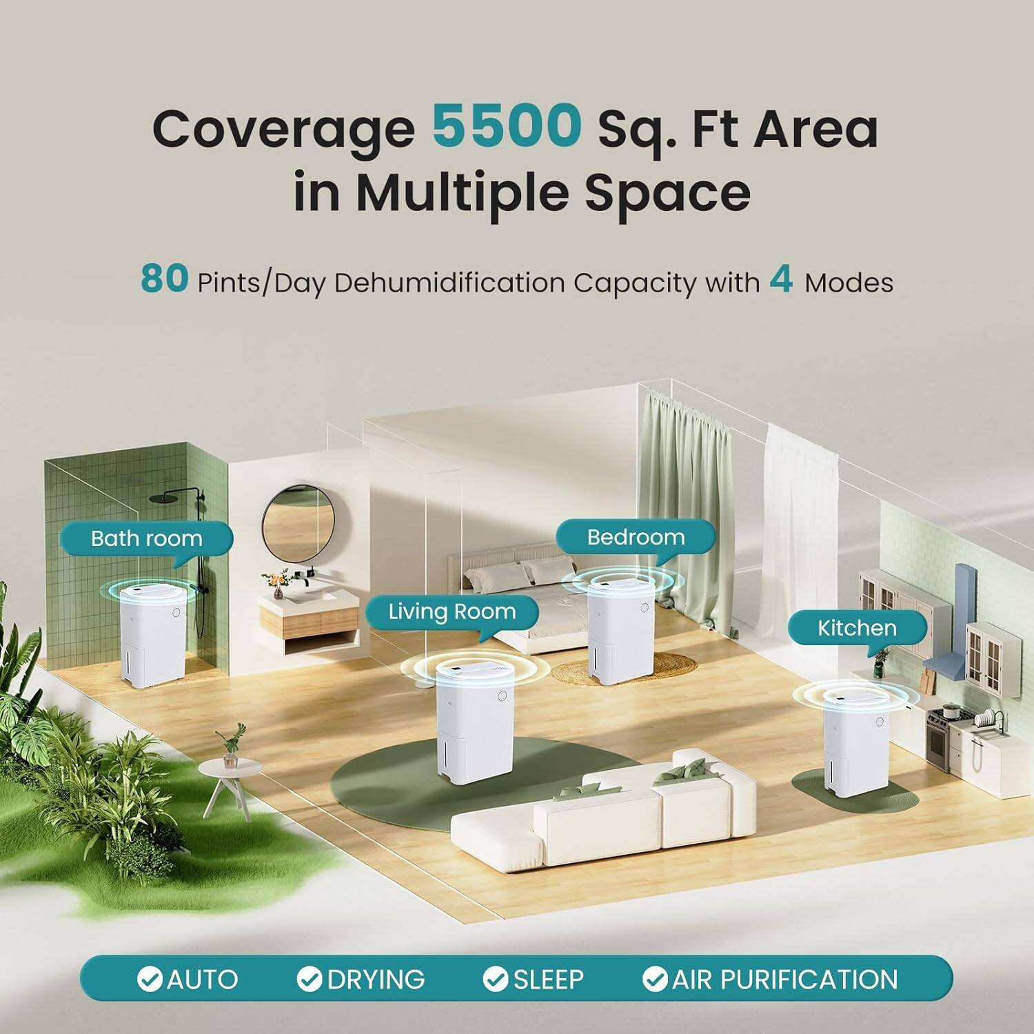 Coverage 5500 Sq. Ft Area in Multiple Space  
80 Pints/Day Dehumidification Capacity with 4 Modes  
Bath room Bedroom Living Room Kitchen  
AUTO DRYING SLEEP AIR PURIFICATION