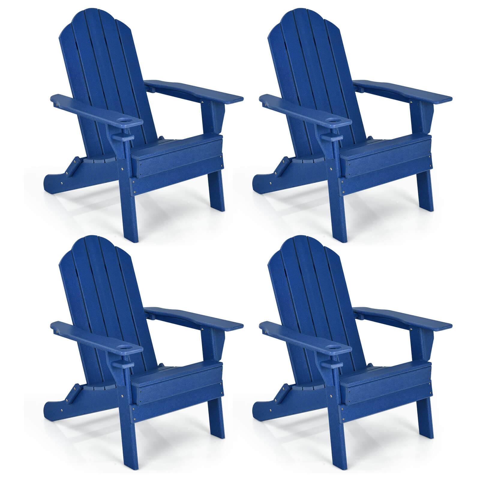 Costway - 4PCS Patio Folding Adirondack Chair Weather Resistant Cup Holder Yard - Navy