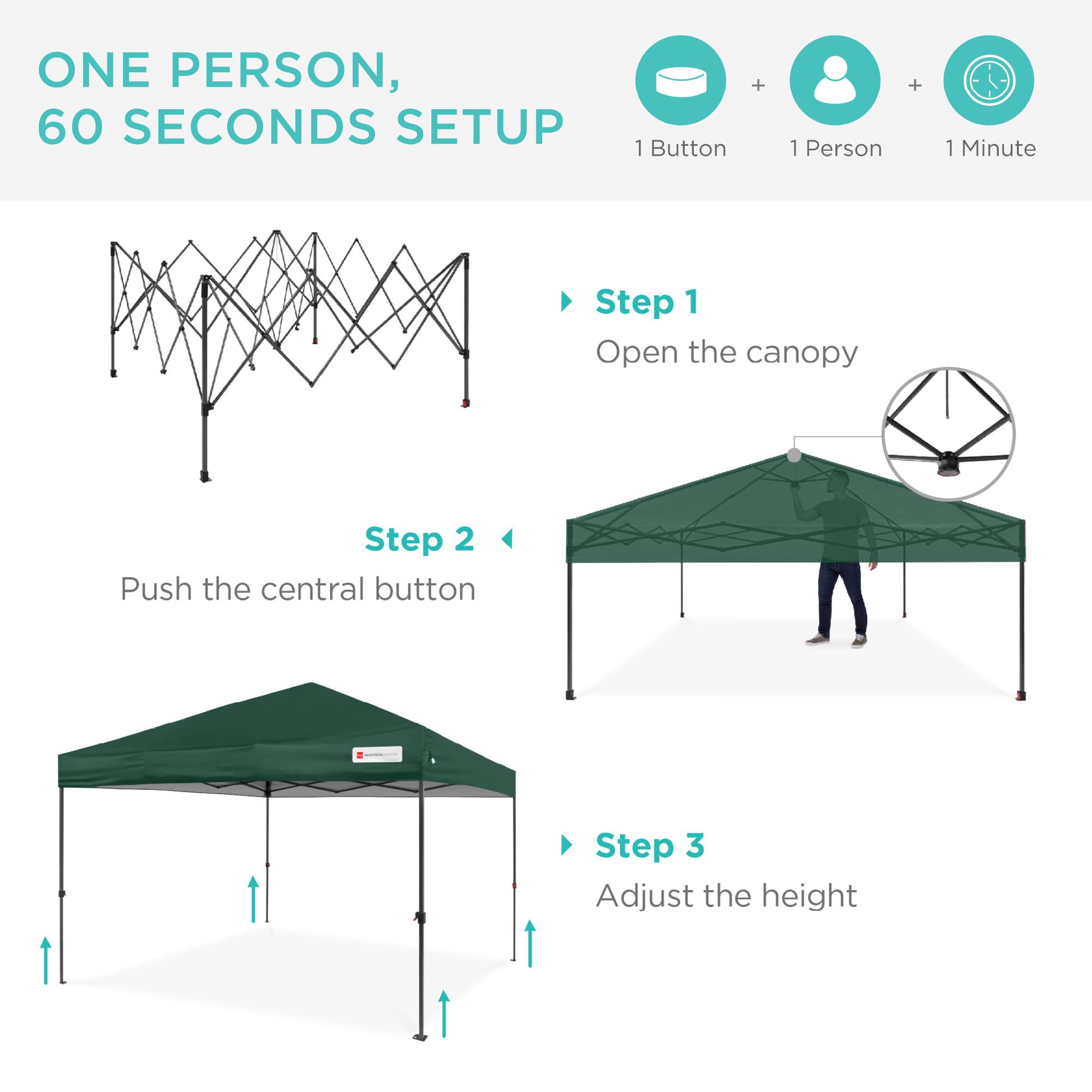 ONE PERSON, 60 SECONDS SETUP

1 Button + 1 Person + 1 Minute

Step 1
Open the canopy

Step 2
Push the central button

Step 3
Adjust the height