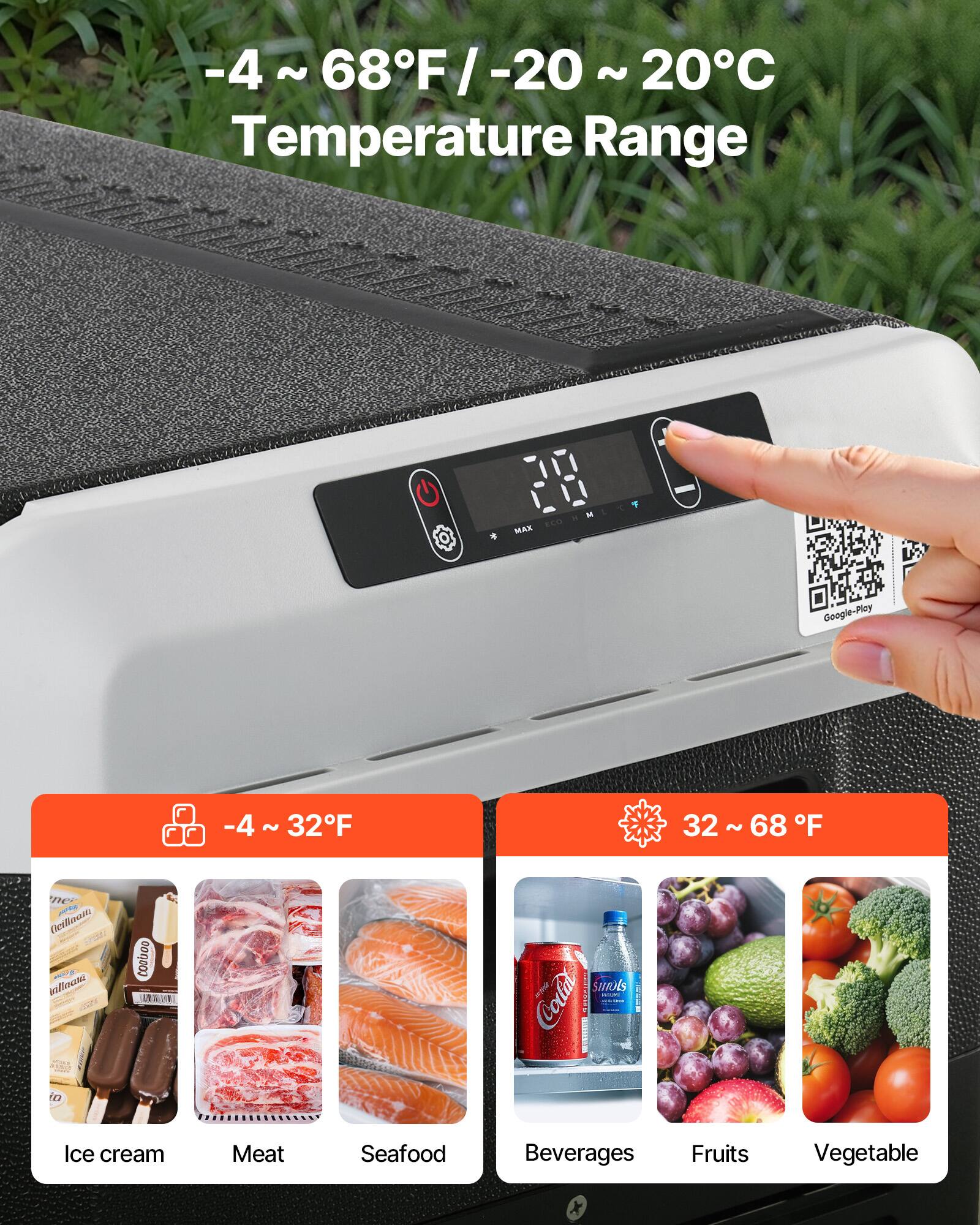 -4 ~ 68F/ -20 ~ 20C Temperature Range

-4 ~ 32F
32~68
Ice cream
Meat
Seafood
Beverages
Fruits
Vegetable