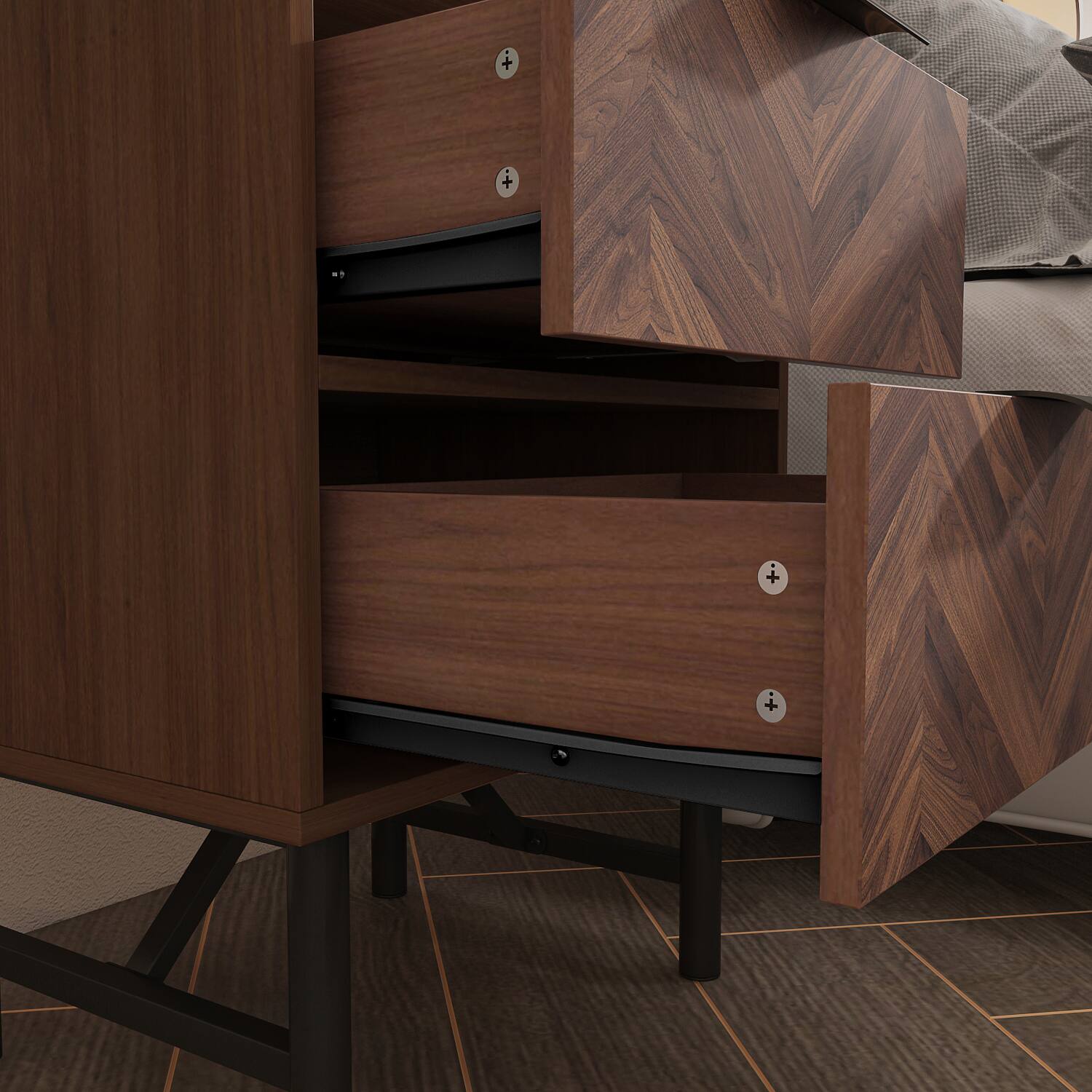 Alt View 9. FUFU & GAGA - FUFU&GAGA Herringbone - Pattern Nightstand: 2 - Drawer Mid - Century Modern Style - Brown.