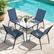 Left. Nuu Garden - 5-Piece Metal and Textilene Outdoor Dining Set, 4 Stackable Chairs and Tempered Glass Table with Umbrella Hole - Transparent and Blue.