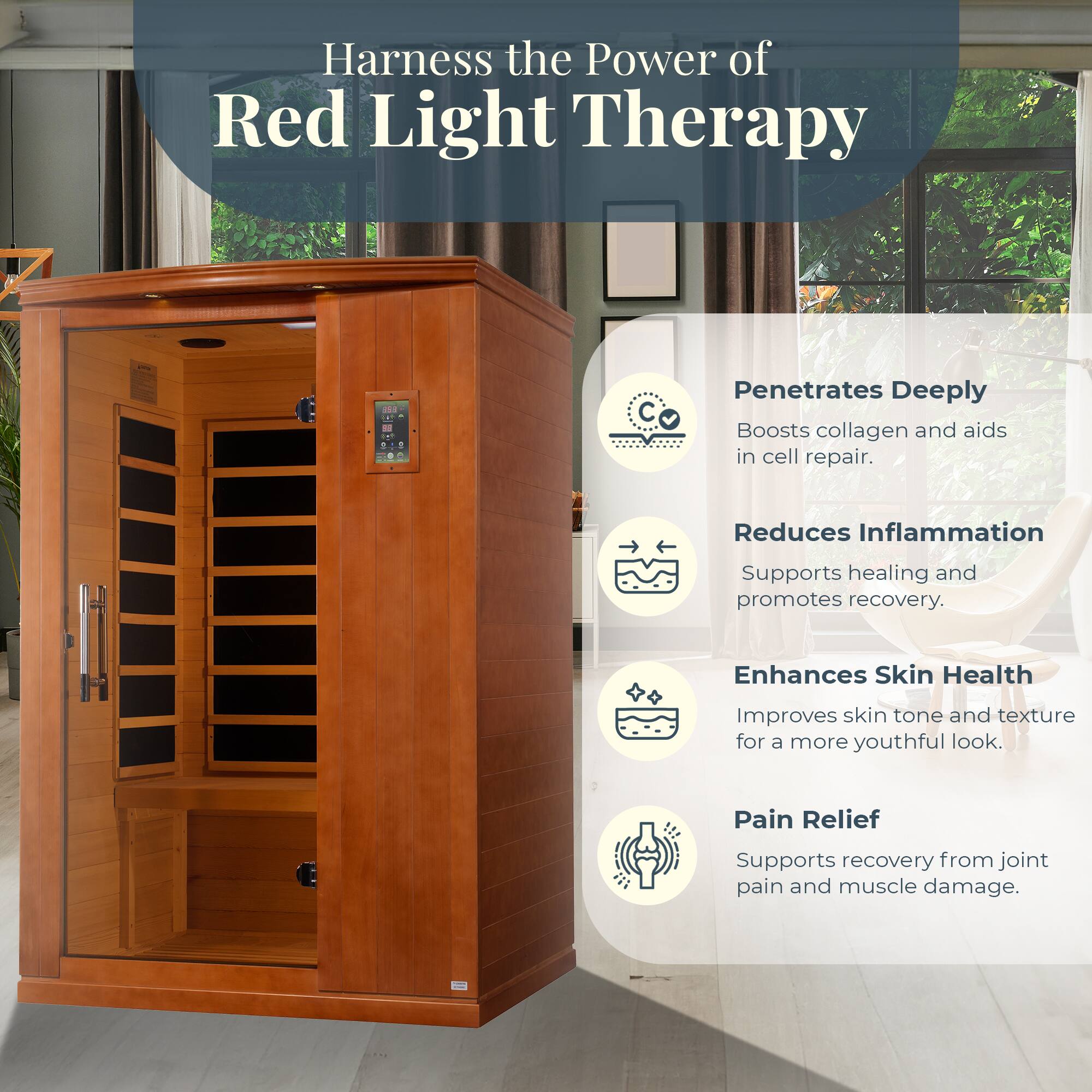 Harness the Power of Red Light Therapy

- Penetrates Deeply
  - Boosts collagen and aids in cell repair.

- Reduces Inflammation
  - Supports healing and promotes recovery.

- Enhances Skin Health
  - Improves skin tone and texture for a more youthful look.

- Pain Relief
  - Supports recovery from joint pain and muscle damage.