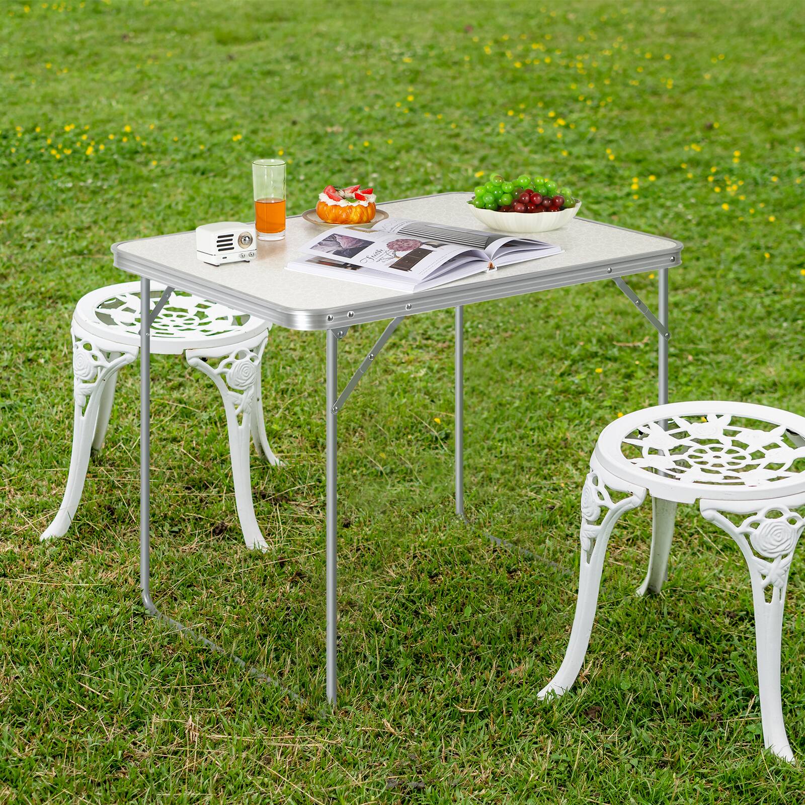 Alt View 1. Oumilen - Aluminum Frame Folding Table with Carry Handle， White - White.