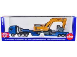 Heavy Haulage Flatbed Transporter and Liebherr 974 Litronic Excavator Yellow 1/87 (HO) Diecast Models by Siku - Blue