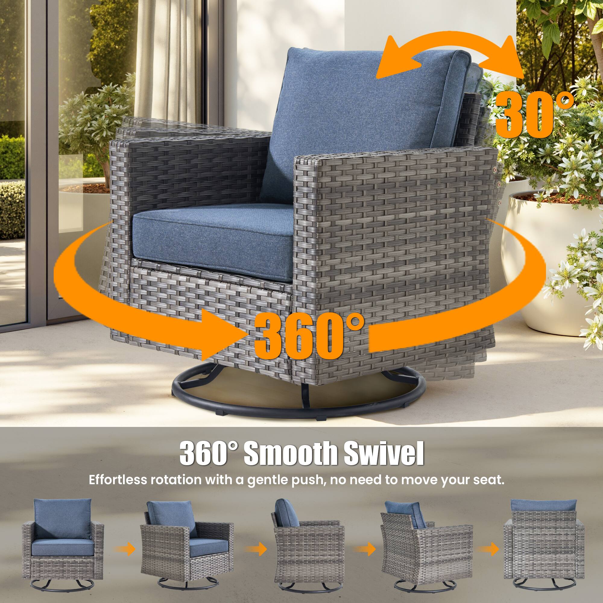 360° Smooth Swivel  
Effortless rotation with a gentle push, no need to move your seat.