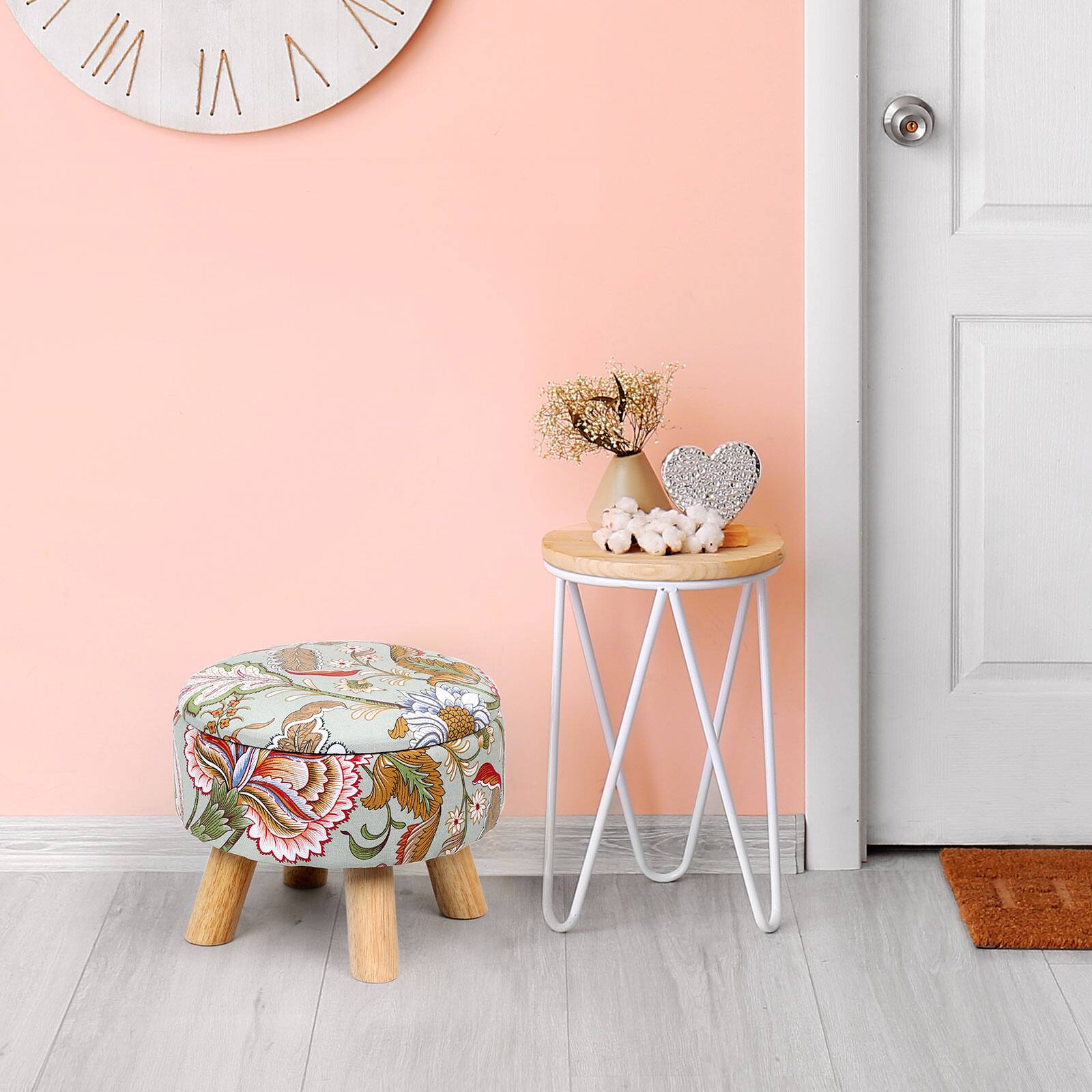 Alt View 1. Oumilen - Round Floral Fabric Storage Ottoman Foot Stool with Wooden Legs - Flower.