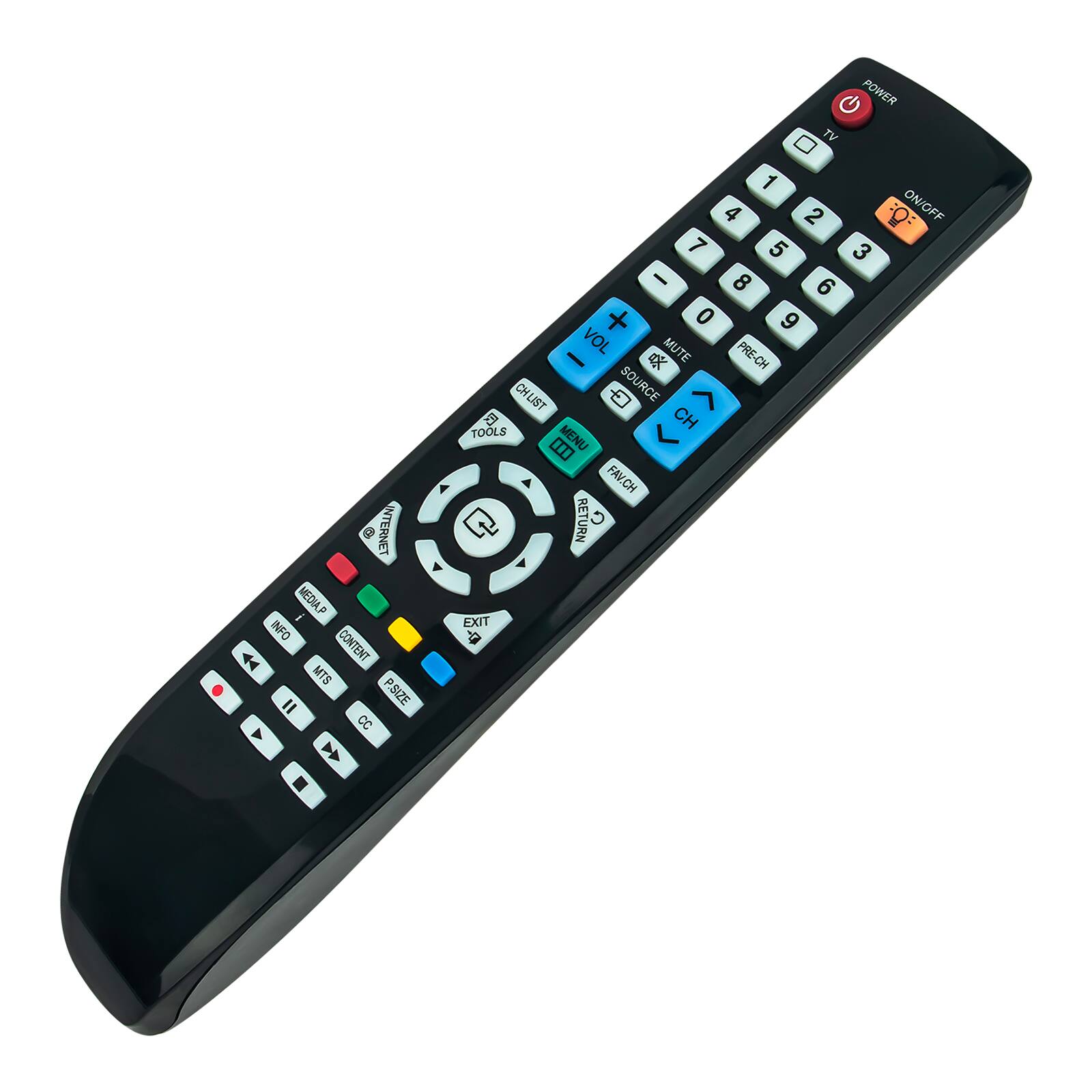 G POWER TV 9 INTERNET MEDIALP INFO  CONTENT MTS = P.SIZE CC Y V - 1 4 2 Q: ONIOFF 7 5 3 - 8 6 + 0 9 VOL MUTE PRE-CH   CHLIST  SOURCE >  CH TOOLS MENU  FAV.CH RETURN C > EXIT A