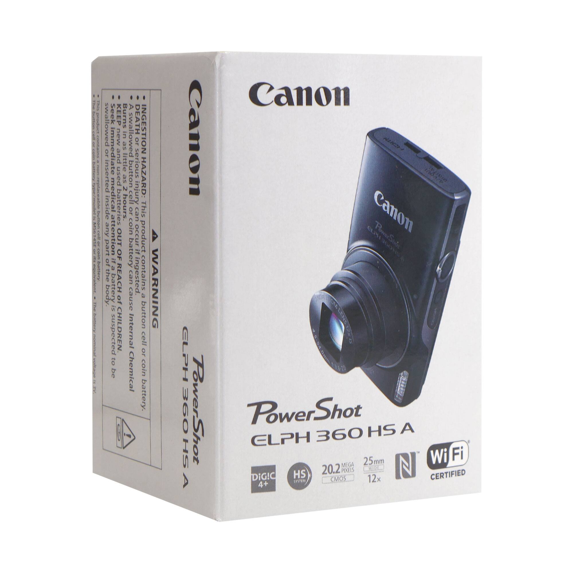 Canon PowerShot ELPH 360 HS A

DIGIC 4+

20.2 MEGA PIXELS CMOS

25mm 12x

Wi-Fi CERTIFIED

WARNING: INGESTION HAZARD. A swallowed button battery can cause serious internal chemical burns or death. SEEK IMMEDIATE MEDICAL ATTENTION. If swallowed, seek immediate medical attention. If suspected to be inside the body, do not induce vomiting. This product contains a button battery. If ingested, it can cause serious internal chemical burns or death. SEEK IMMEDIATE MEDICAL ATTENTION. If suspected to be inside the body, do not induce vomiting.