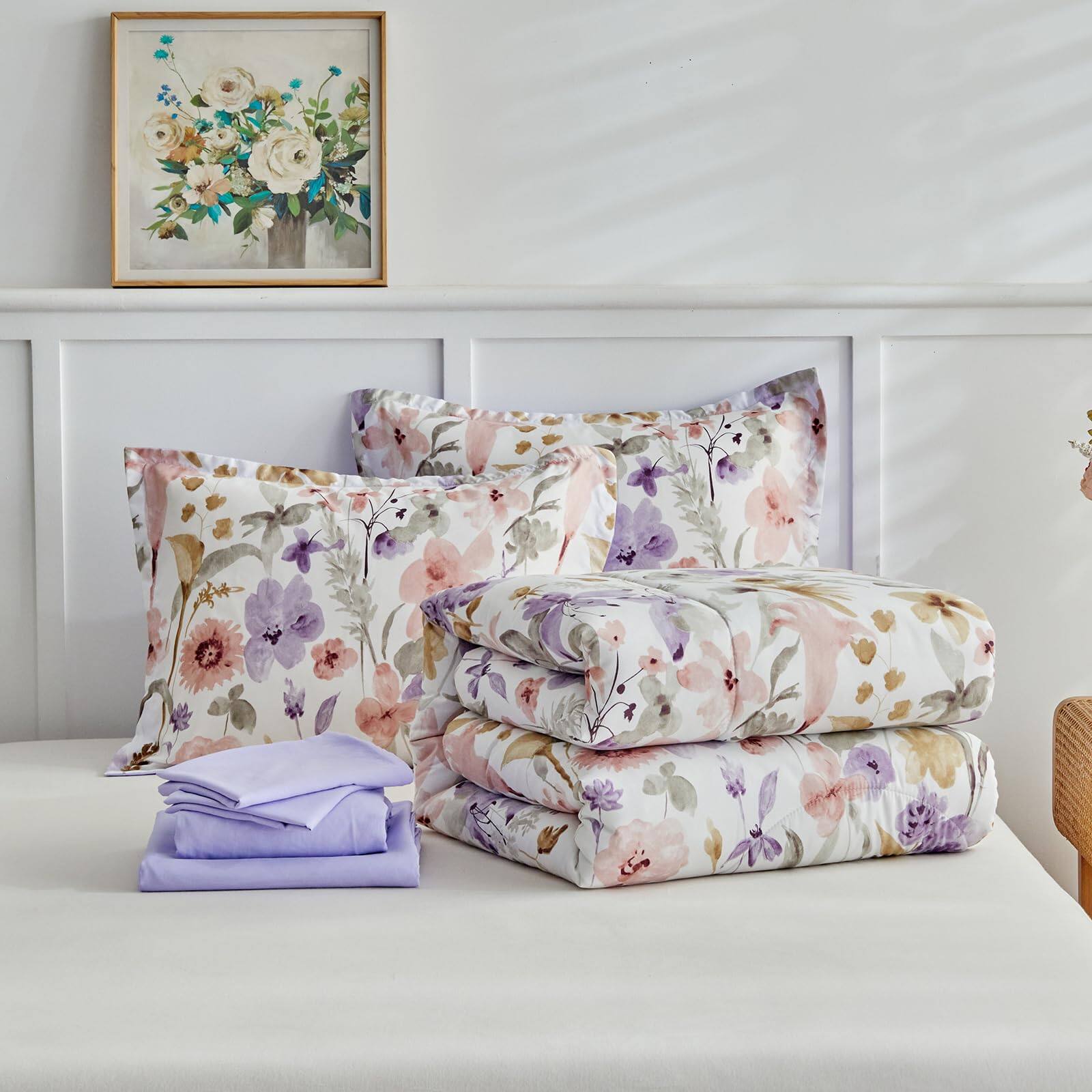 Alt View 6. PO3TICJUNKI3 - Floral Comforter Set 7 Pieces With Flowers Bed In A Bag Reversible Bedding 1 2 Pillow Shams 1 Flat Sheet - Light Pink Flower-Queen 7 Pieces.