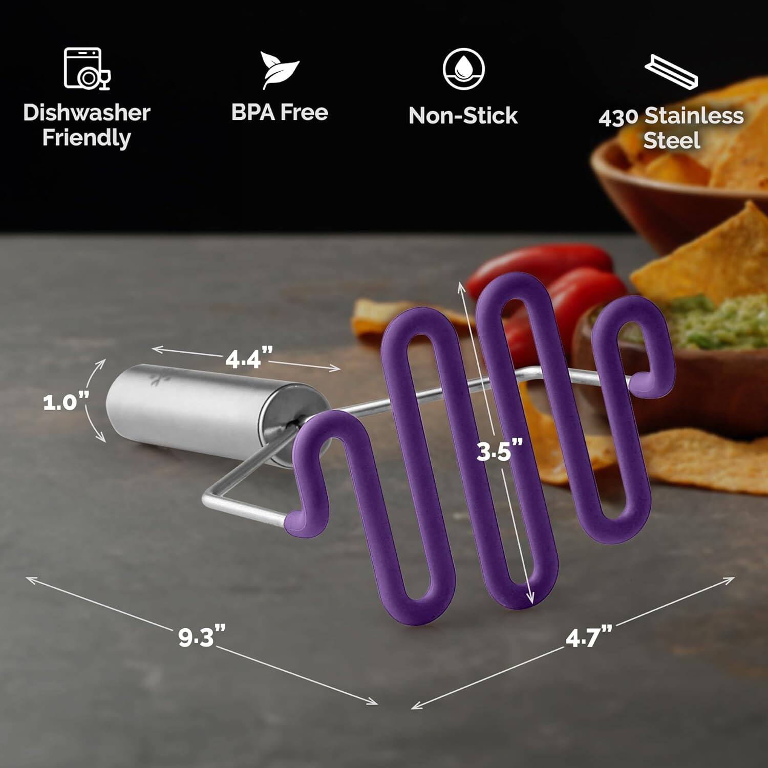 Dishwasher Friendly, BPA Free, Non-Stick, 430 Stainless Steel, 4.4", 1.0", 9.3", 3.5", 4.7"