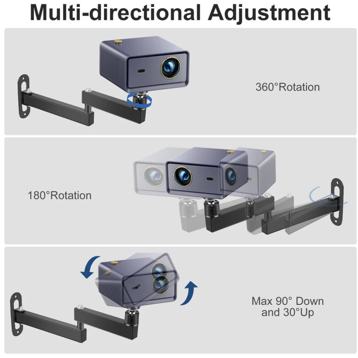 Multi-directional Adjustment

- 360° Rotation
- 180° Rotation
- Max 90° Down and 30° Up