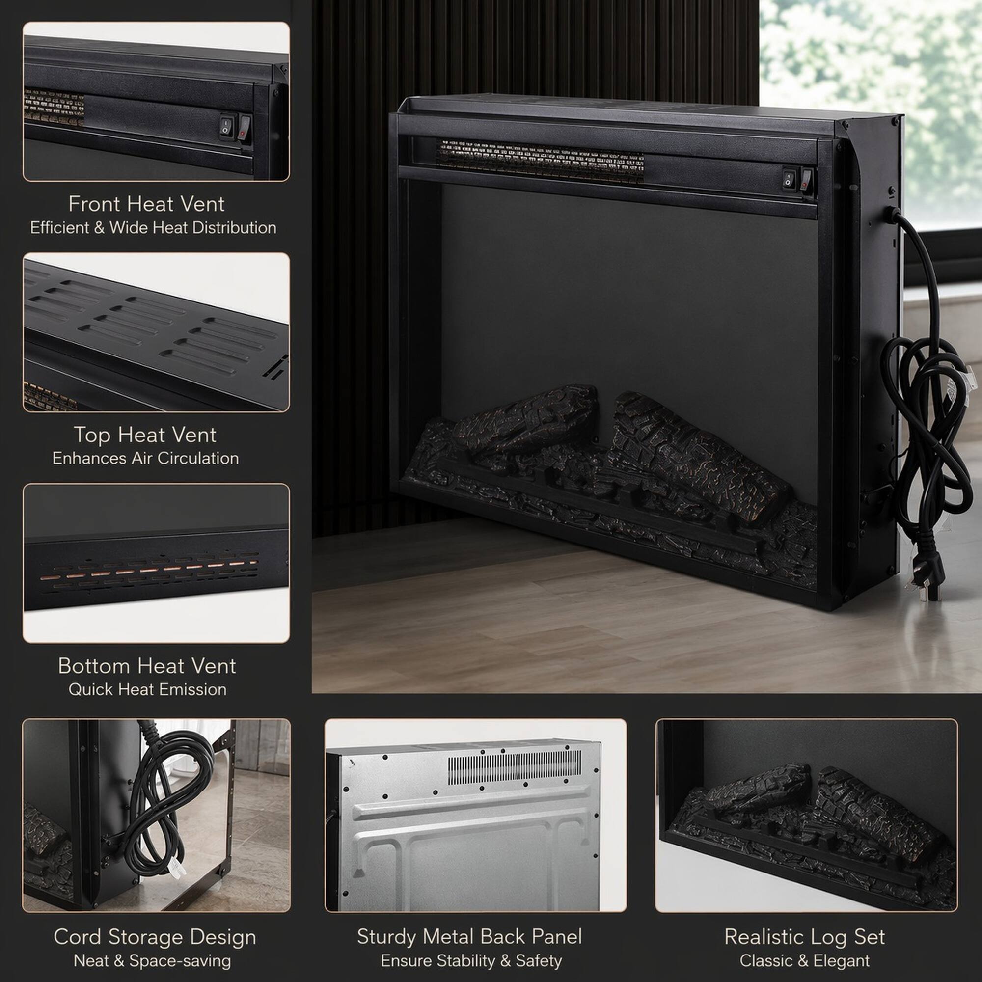 Front Heat Vent  
Efficient & Wide Heat Distribution  

Top Heat Vent  
Enhances Air Circulation  

Bottom Heat Vent  
Quick Heat Emission  

Cord Storage Design  
Neat & Space-saving  

Sturdy Metal Back Panel  
Ensure Stability & Safety  

Realistic Log Set  
Classic & Elegant