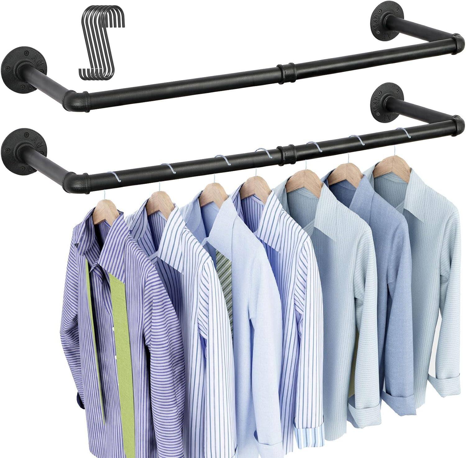 Back. Dazzed Corner - Industrial Pipe Clothes Rack Wall Mounted, 38.4 inches Iron Pipe Clothing Garment Rail,Set of 2 - Black.