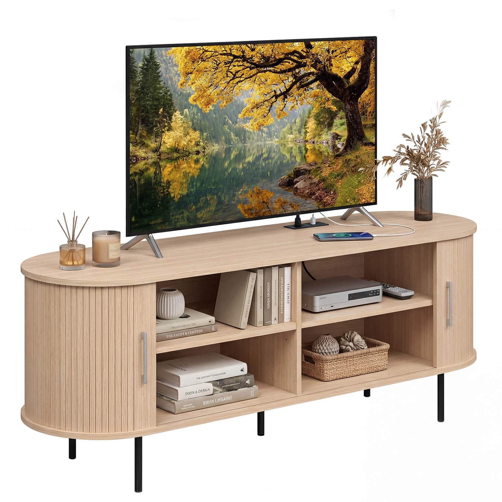 Costway - Fluted TV Stand for TVs up to 60", Mid Century Curved Entertainment Center - Natural
