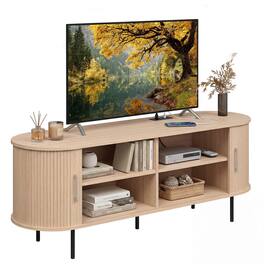 Costway - Fluted TV Stand for TVs up to 60", Mid Century Curved Entertainment Center - Natural
