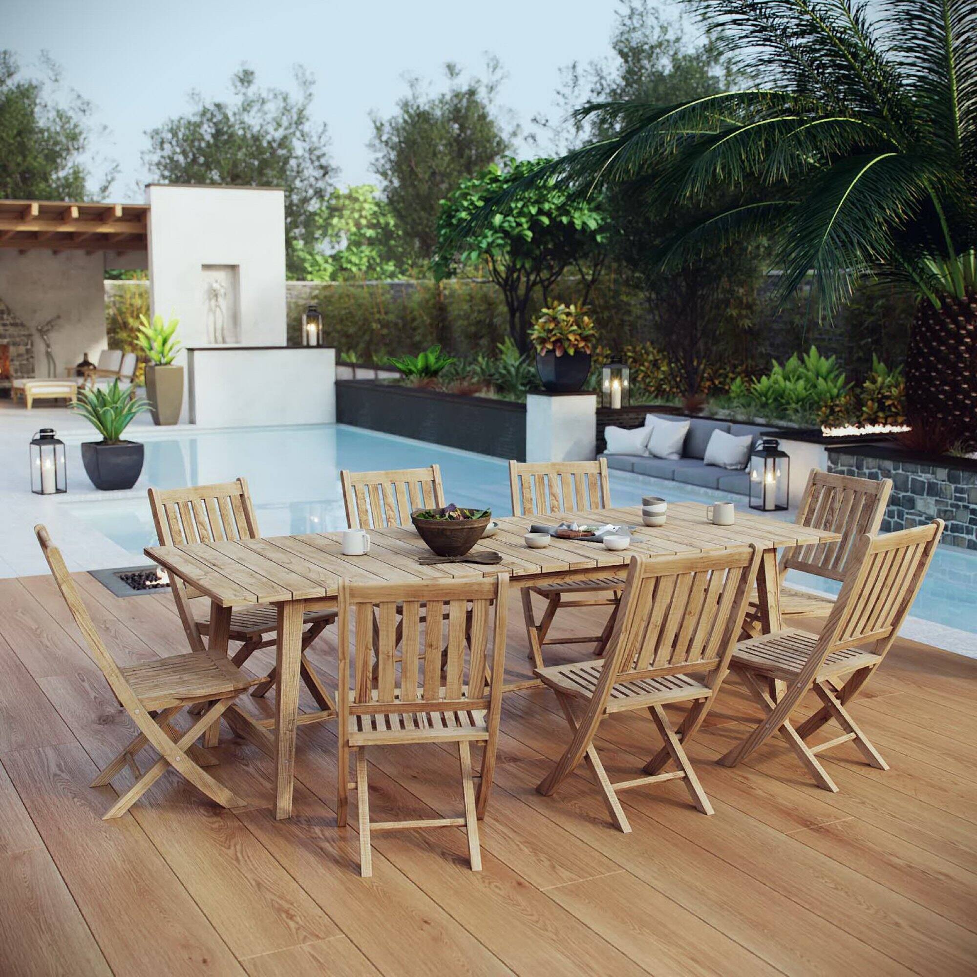 Alt View 4. Modway - Marina 9-Piece Outdoor Teak Patio Dining Set with Cushioned Seats - Natural.