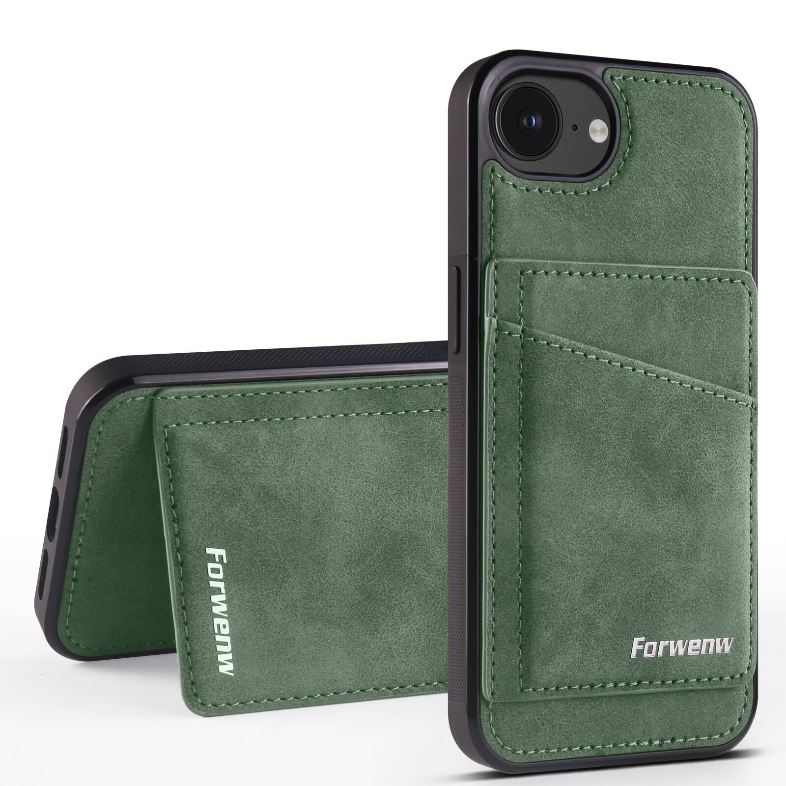 Dteck - RFID Blocking Back Wallet Case for iPhone 16E / 17E, Shockproof PU Leather Kickstand Rugged Cover - Green
