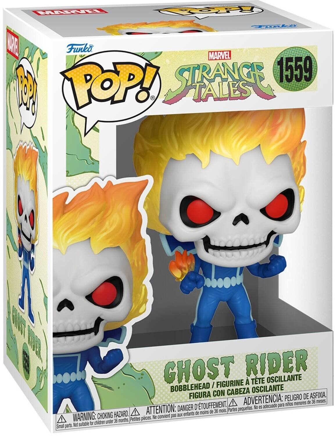 MARVEL  
Funko POP!  
STRANGE TALES  
1559  

GHOST RIDER  
BOBBLEHEAD / FIGURINE À TÊTE OSCILLANTE  
FIGURA CON CABEZA OSCILANTE  

WARNING: CHOKING HAZARD. Small parts. Not suitable for children under 36 months.  
ATTENTION: DANGER D'ÉTOUFFEMENT. Petites pièces. Ne convient pas aux enfants de moins de 36 mois.  
ADVERTENCIA: PELIGRO DE ASFIXIA. Partes pequeñas. No es adecuado para niños menores de 36 meses.