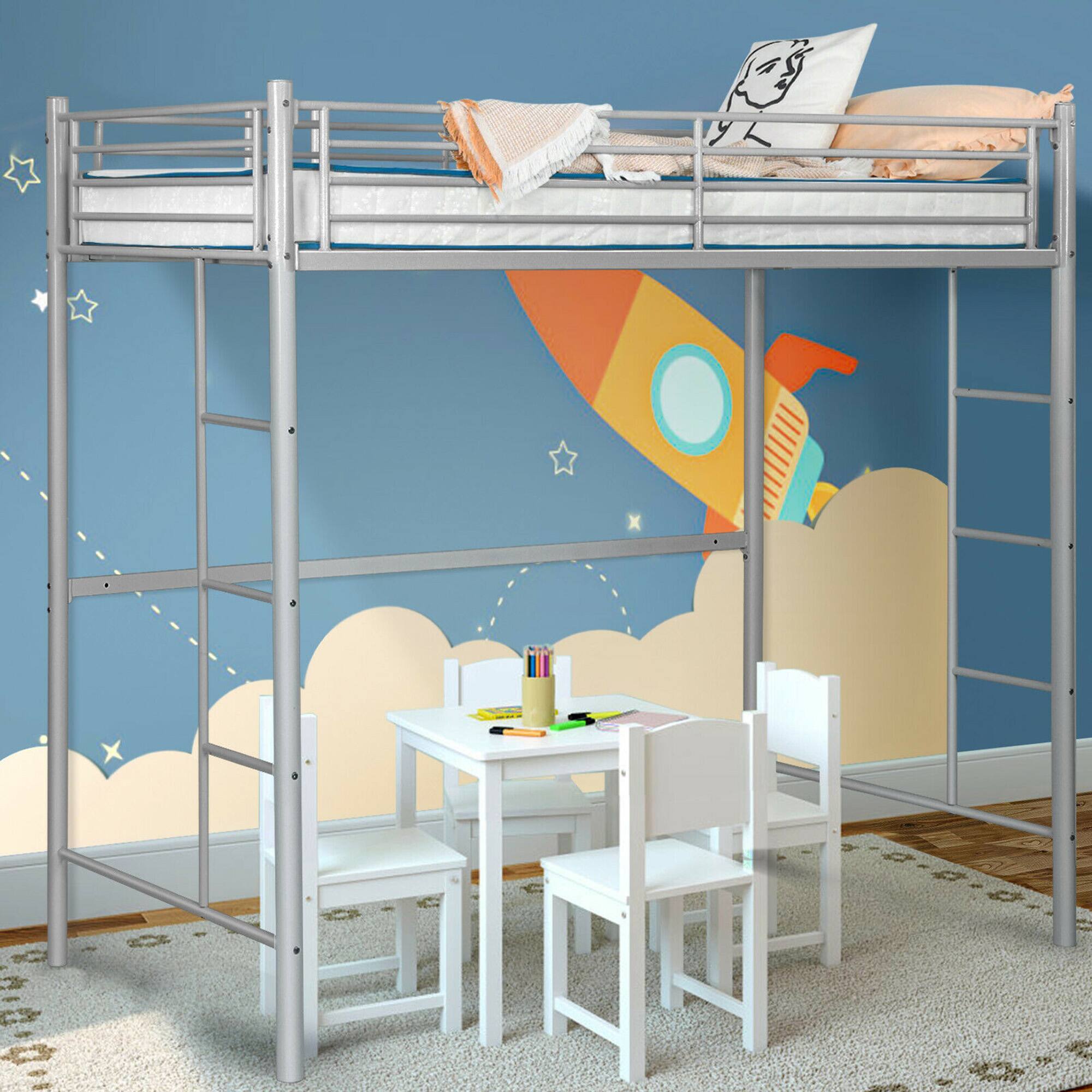 Alt View 1. Costway - Twin Size Loft Bed Heavy Duty Metal Loft Bed Frame with Safety Guardrail - Silver.