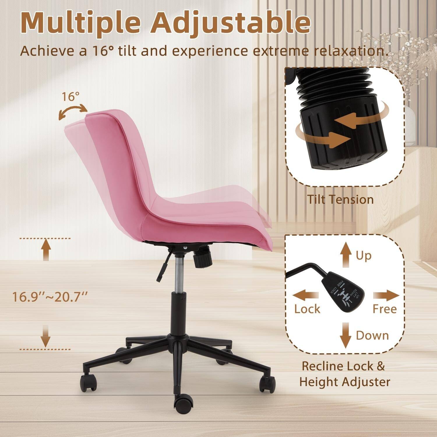 Multiple Adjustable  
Achieve a 16° tilt and experience extreme relaxation.  

16° Tilt  
Tilt Tension  

16.9" ~ 20.7"  

Recline Lock & Height Adjuster  
Up  
Lock  
Free  
Down