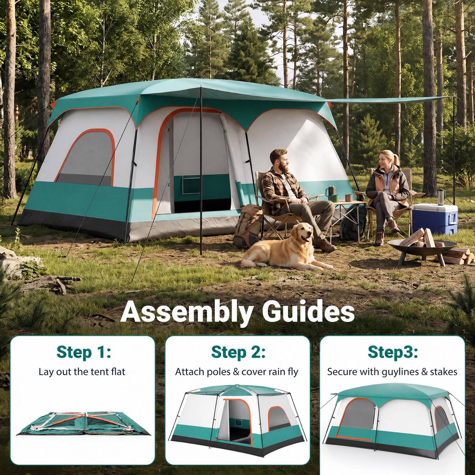 Assembly Guides

Step 1: Lay out the tent flat

Step 2: Attach poles & cover rain fly

Step 3: Secure with guy lines & stakes