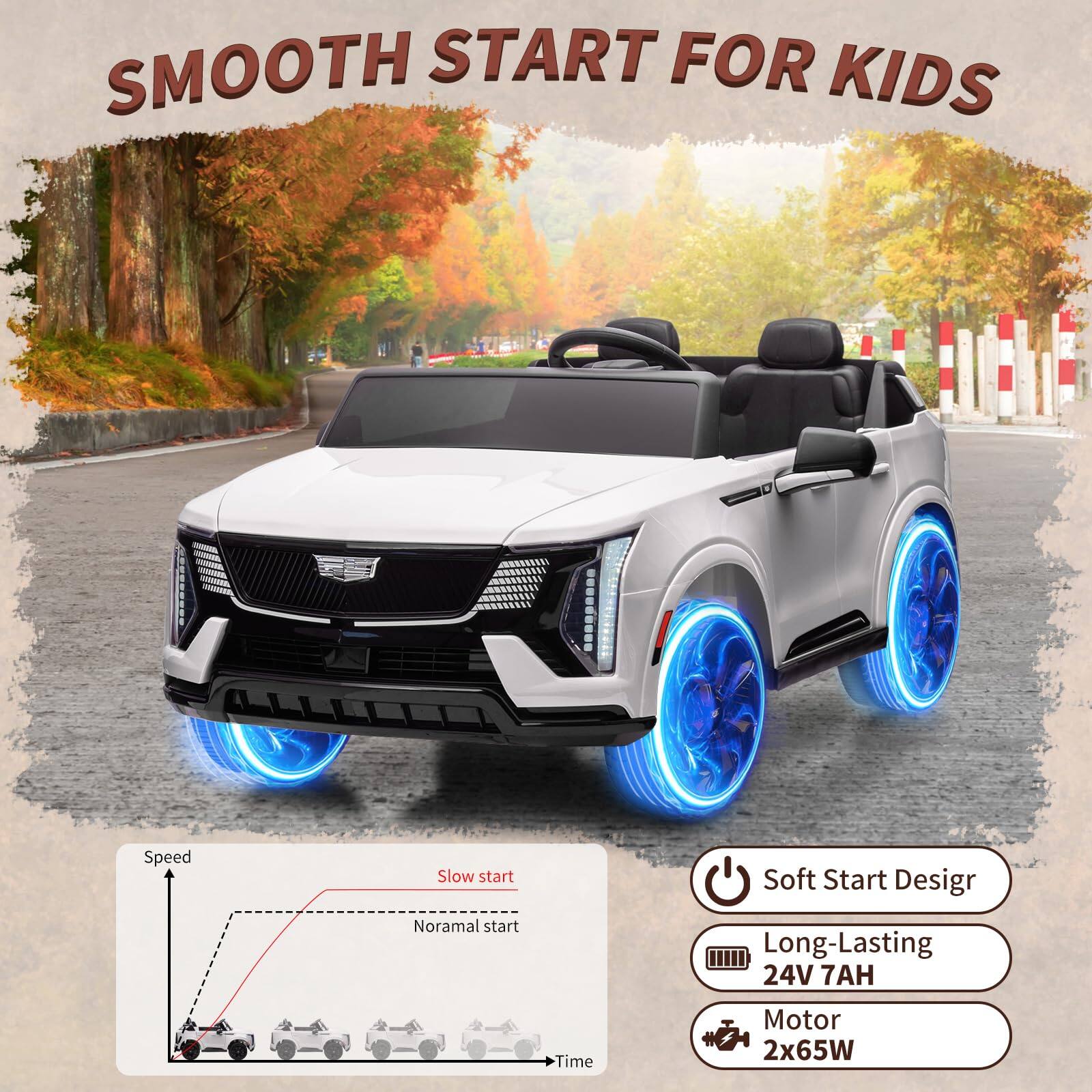 SMOOTH START FOR KIDS

Speed
Slow start
Normal start
Time

Soft Start Design
Long-Lasting 24V 7AH
Motor 2x65W