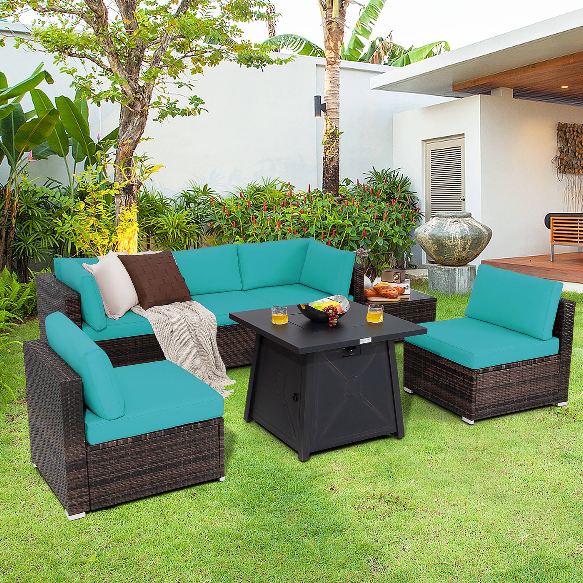 Alt View 1. Costway - Costway 7PCS Patio Rattan Furniture Set Fire Pit Table Cover Cushion - Turquoise.