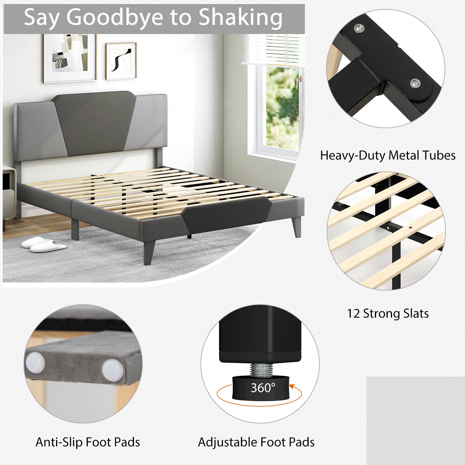 Say Goodbye to Shaking, Heavy-Duty Metal Tubes, 12 Strong Slats, Anti-Slip Foot Pads, Adjustable Foot Pads