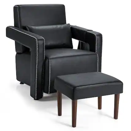 Front. Costway - Breathable Leather Sofa Chair with Ottoman and Waist Pillow - Black.