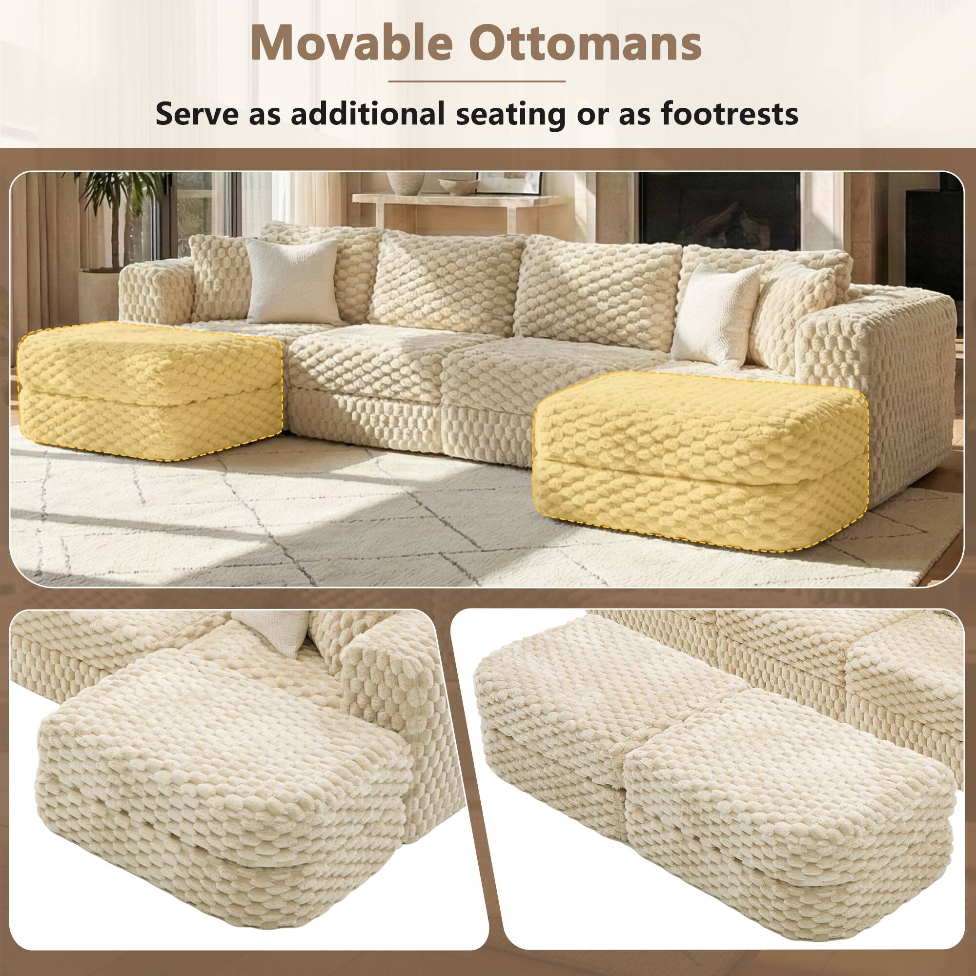 Movable Ottomans  
Serve as additional seating or as footrests