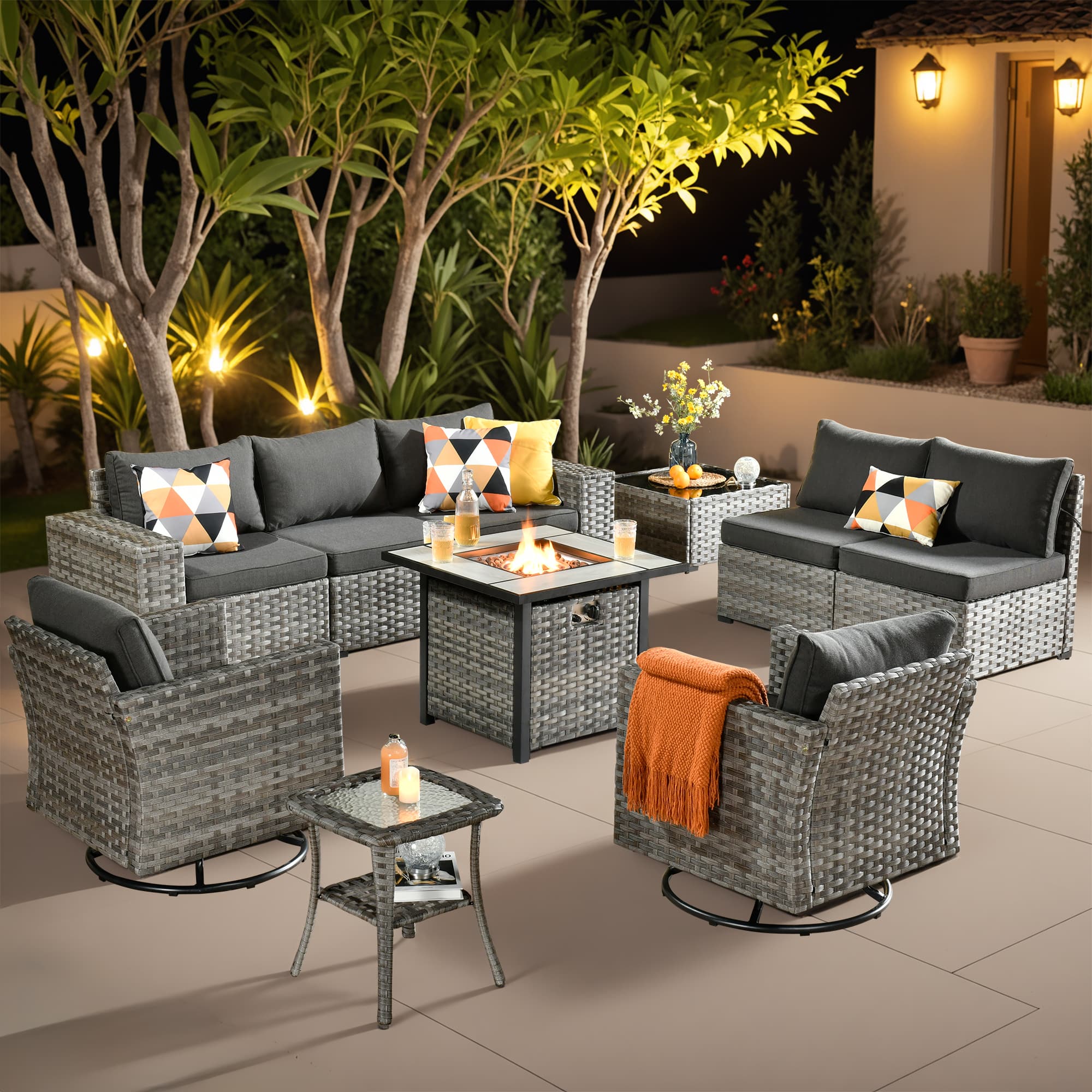 Ovios - 10 PCS Outdoor Patio Furniture Sectional Sofa Set with Swivel Chairs & 30“ Fire Pit Table - Black