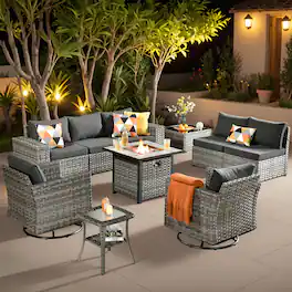 Ovios - 10 PCS Outdoor Patio Furniture Sectional Sofa Set with Swivel Chairs & 30“ Fire Pit Table - Black