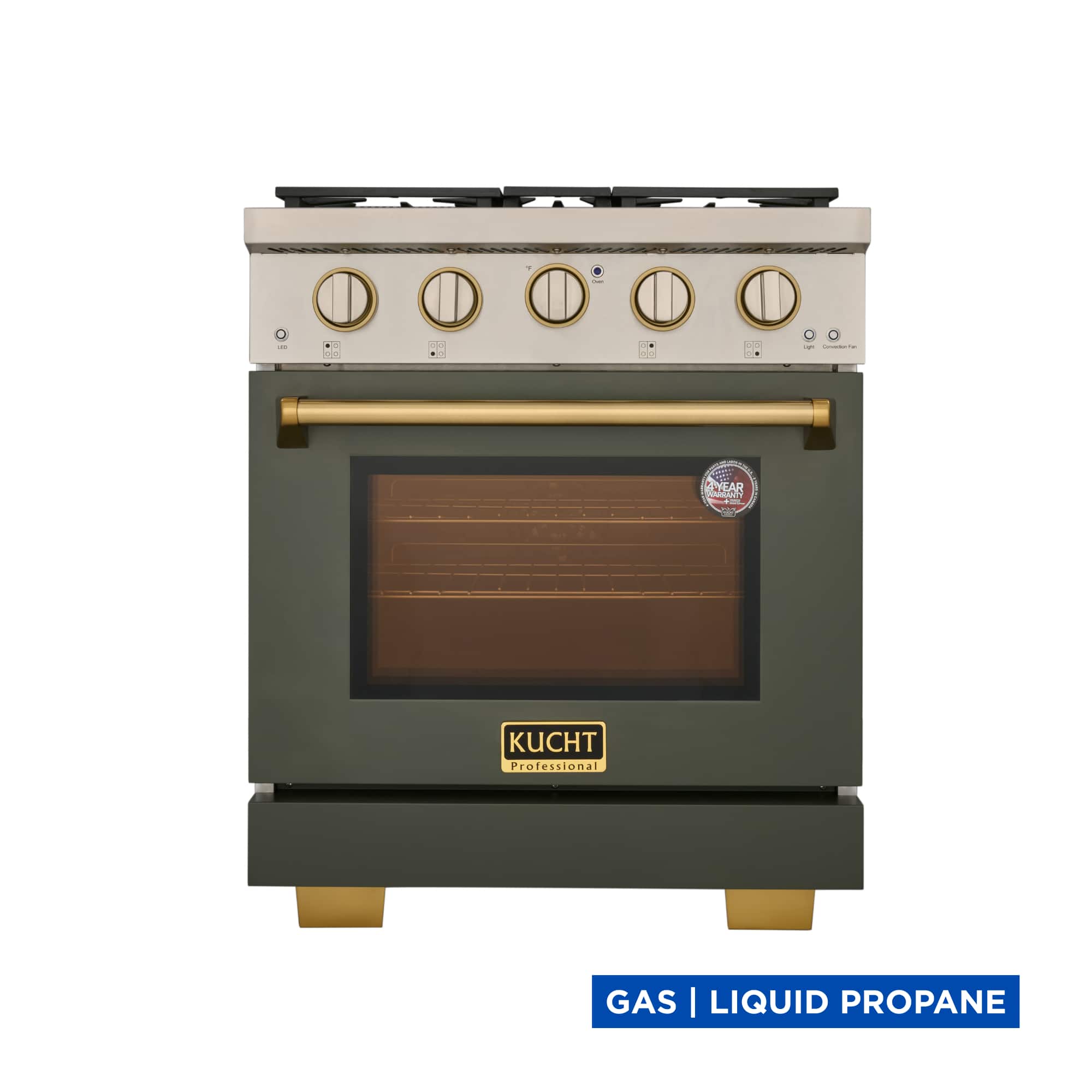 Kucht - 30 in. 4.2 cu. ft. Propane Gas Range and Convection Oven in Olive Green with gold handle and True Simmer Burners - Olive  Green price history on PriceWatchPro