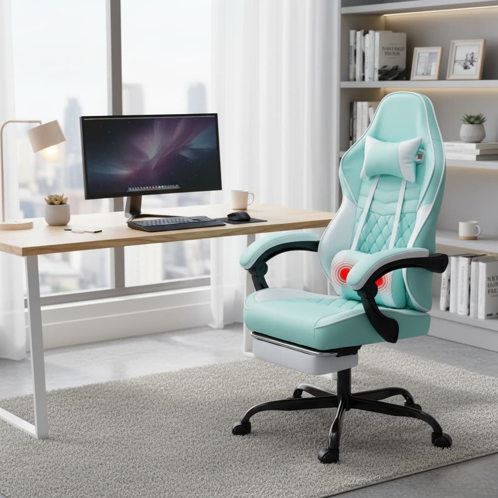 Forest'nSky - Gaming Chair with Massage Lumbar and Footrest, Ergonomic Racing Style Computer Chair with Adjustable Headrest - Green