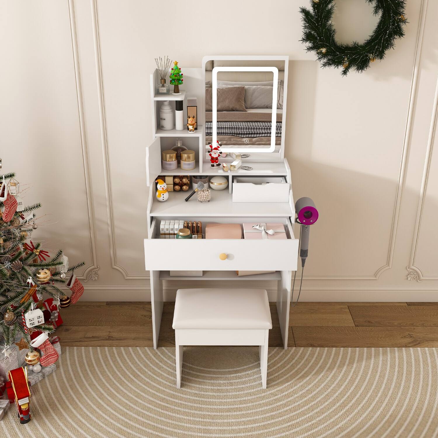 Alt View 2. Lirago - White Wood Dressing Table Desk with LED Mirror Charging Station and Storage Stool 17.7" D x 43.3" W x 53.1" H - White.