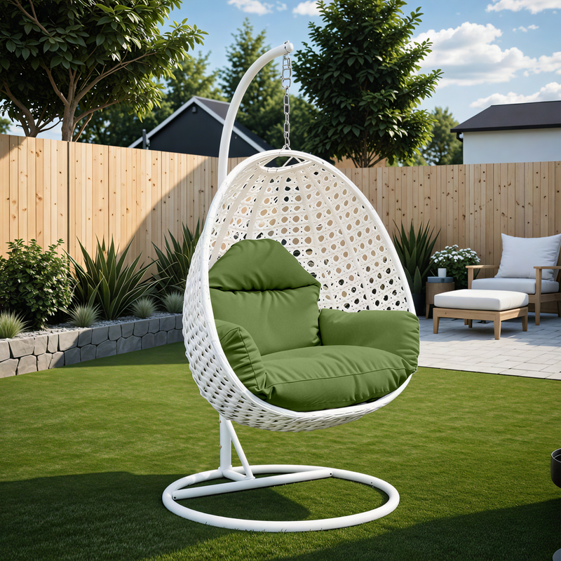 Angle. LeisureMod - LeisureMod Modern Handwoven White Wicker Egg Swing Chair with Stand - Single Hanging Indoor/Outdoor Chair for Patio - Dark Green.
