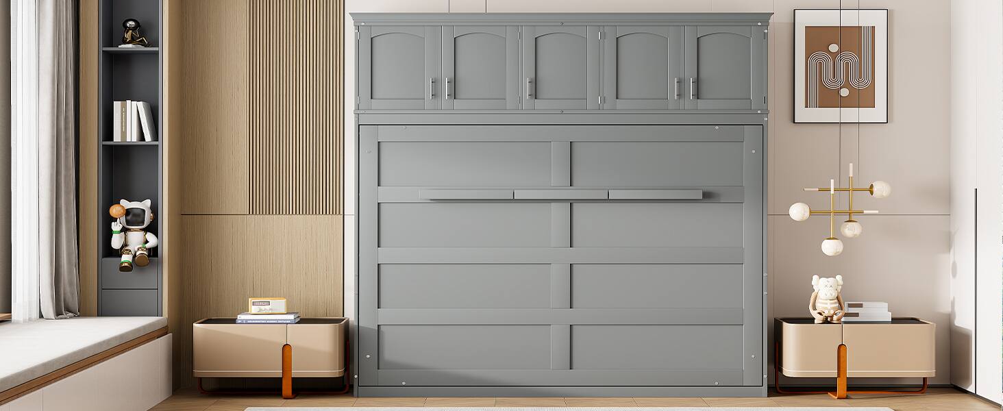 Alt View 2. Tiramisubest - Full Size Gray Murphy Wall Bed with Cabinets, Plywood, Space-Saving - Gray.
