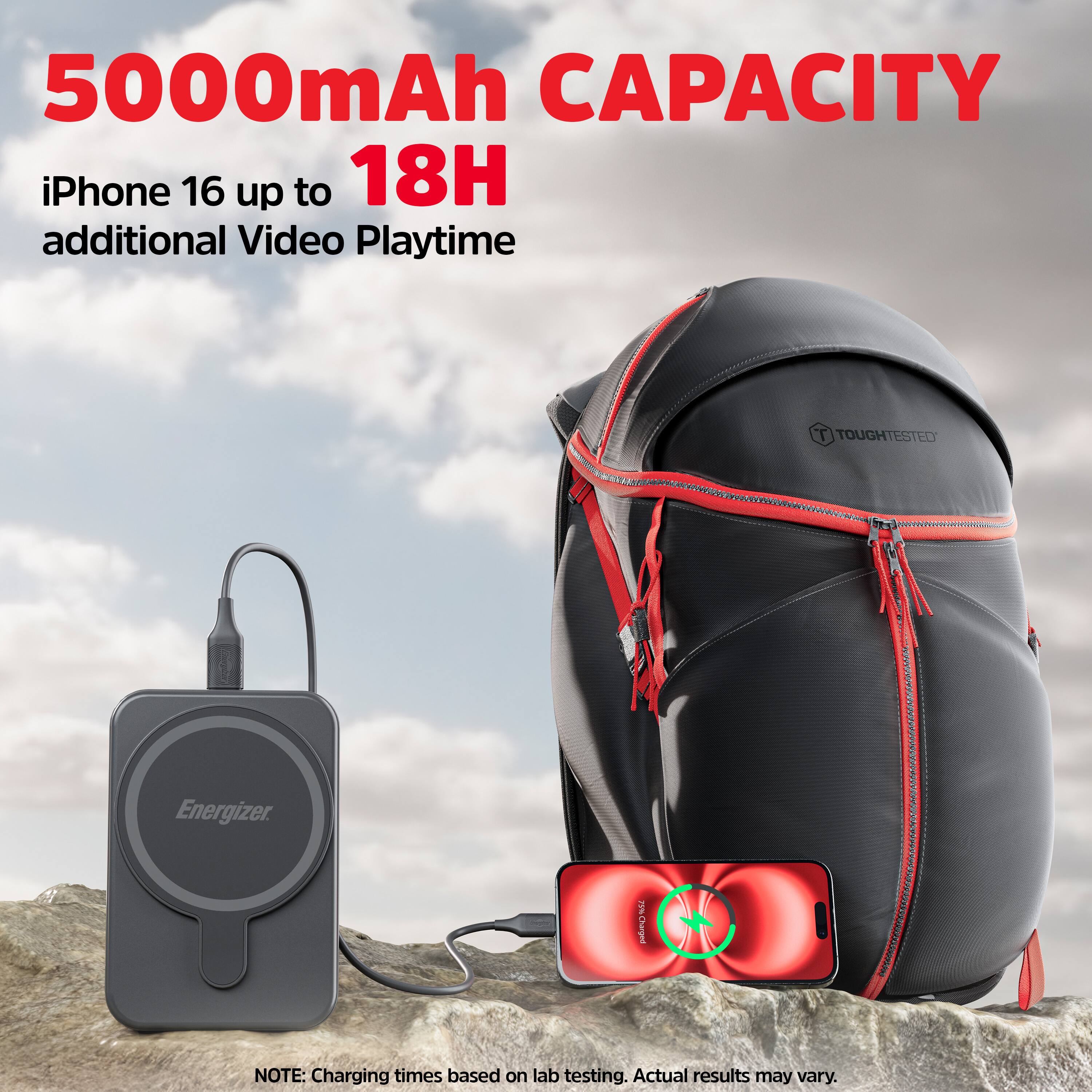 5000mAh CAPACITY  
iPhone 16 up to 18H additional Video Playtime  

TOUGHTESTED  
Energizer  

NOTE: Charging times based on lab testing. Actual results may vary.
