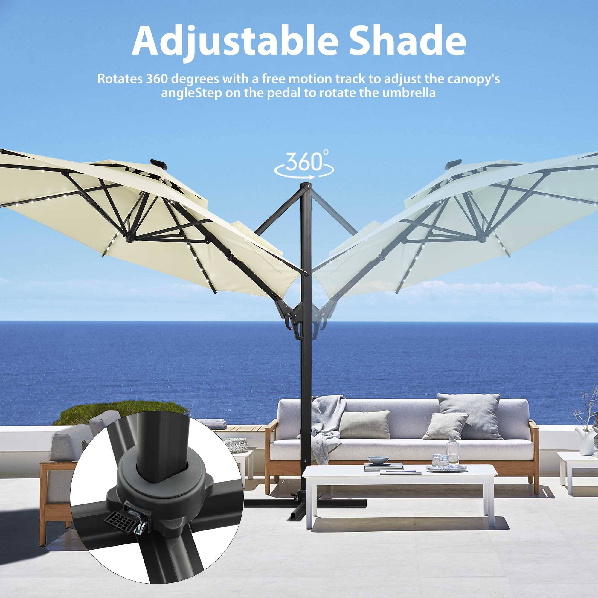 Adjustable Shade Rotates 360 degrees with a free motion track to adjust the canopy's angle. Step on the pedal to rotate the umbrella.
