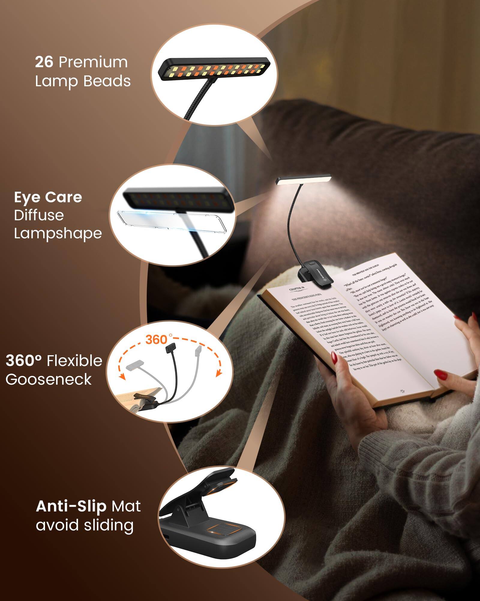 - 26 Premium Lamp Beads
- Eye Care Diffuse Lampshape
- 360° Flexible Gooseneck
- Anti-Slip Mat avoid sliding