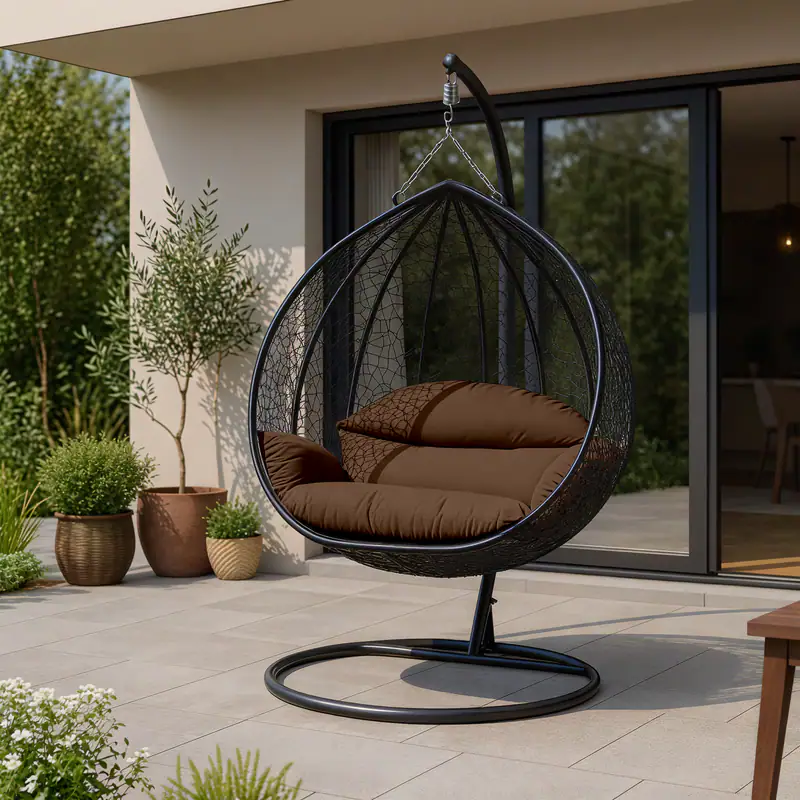 Angle. LeisureMod - Recluse Modern Wicker Teardrop Hanging Egg Chair with Stand - Outdoor Indoor Swing Chair & Cushion - Brown.