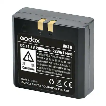 Godox DC 11.1V VB18 2000mAh 22Wh Li-ion
- Do not short circuit
- Do not disassemble
- Do not put into water or fire
- Only with specified charger
Caution: Do not short circuit. Do not disassemble. Do not put into water or fire. Only with specified charger.
Made in China
GODOX PHOTO EQUIPMENT CO., LTD
