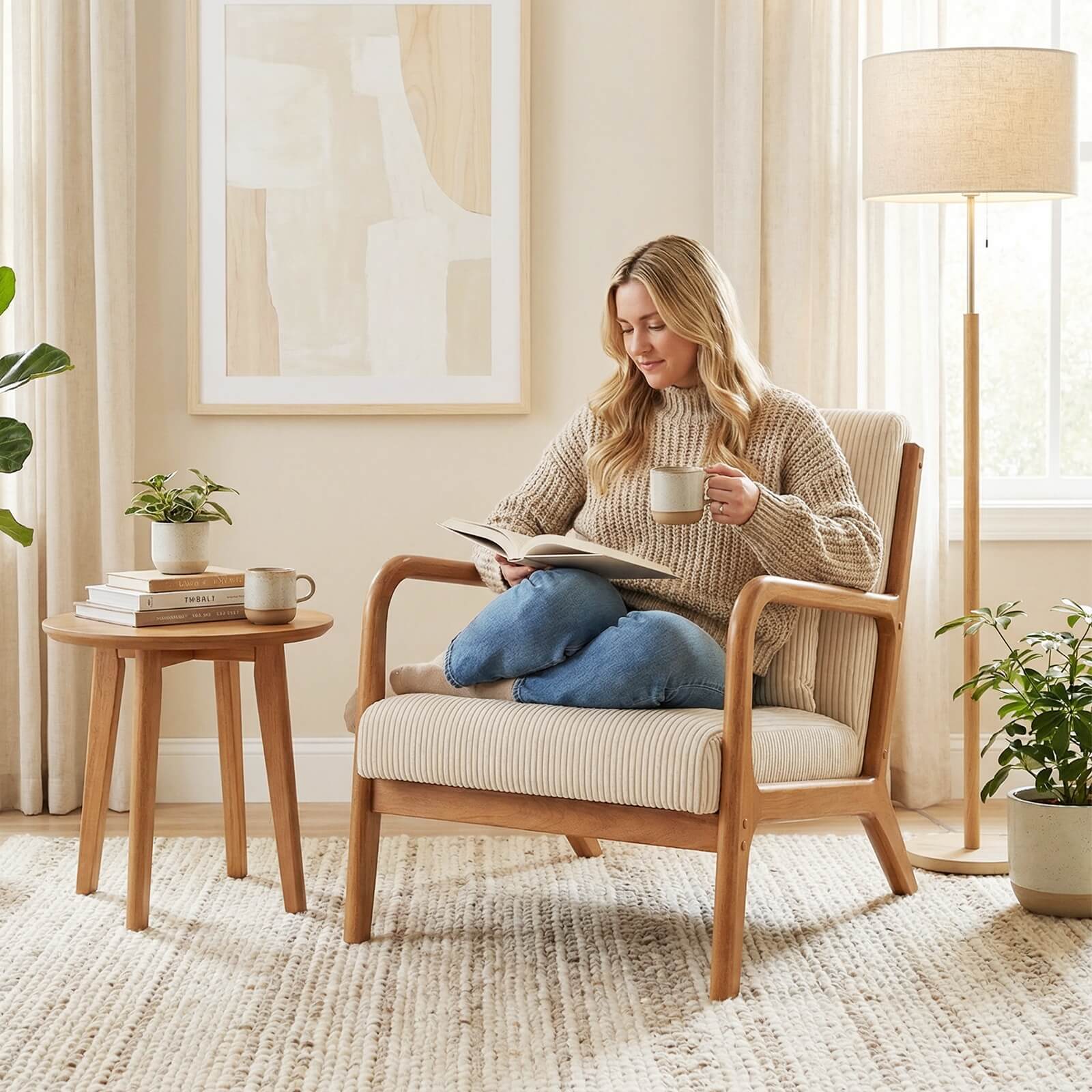 Alt View 4. Costway - Costway 2 PCS Corduroy Upholstered Lounge Chair with Rubber Wood Armrests & Lumbar Pillow - Gray + Brown.