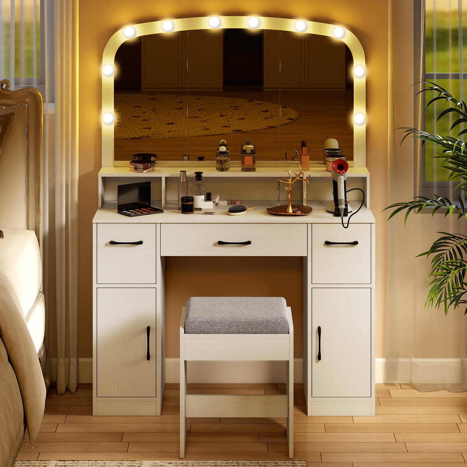 Alt View 4. Costway - Costway Vanity Desk Makeup Table with with Stool Large Mirror 3-Color Lights for Bedroom - White.