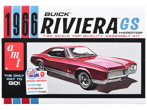 BUICK
1966 RIVIERA GS
1/25 SCALE TOP QUALITY ASSEMBLY KIT
a m t
THE ONLY WAY TO GO!
Retro Deluxe
SPECIAL FEATURES
- PAD-PRINTED Tires
- ALL NEW Decal Sheet
- VINTAGE-STYLE Packaging
PLASTIC KIT
TROUSSE EN PLASTIQUE